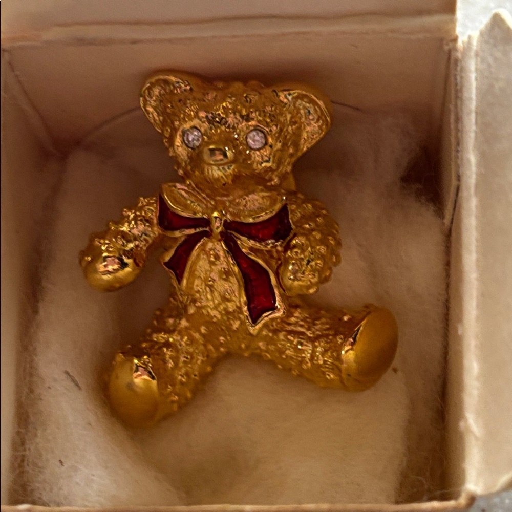 Avon Gold and Red Teddy Bear Brooch